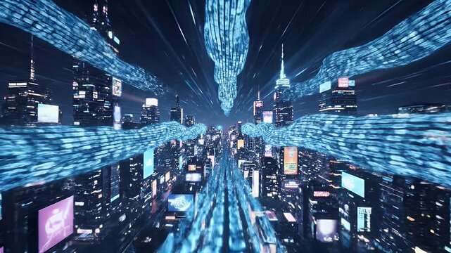 Abstract digital tunnel of glowing binary code and city lights