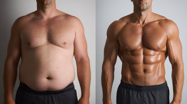 Male torso transformation before and after fitness training, weight loss and muscle gain, body shaping results, healthy lifestyle, workout progress, strength development, physique improvement