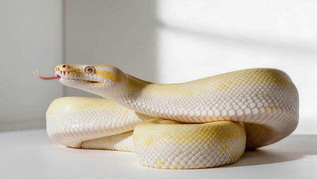 Detailed Macro Photography of Albino Python with White and Pale Yellow Scales on Minimalist Background