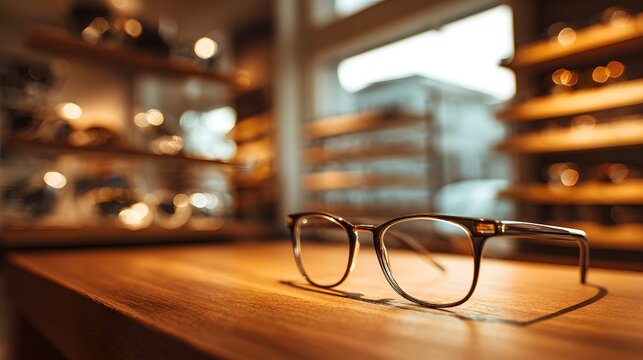 Eyeglasses on wooden table in optical store with blurred background, vision care, eyewear selection, eye health, modern retail display, lens technology, stylish frames, optometry service