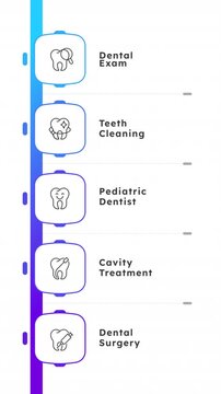 Professional teeth care blue gradient timeline infographics animation. Dental treatment for children and adults. Stomatology clinic service. Outline icons diagram animated 5 steps squares. HD video