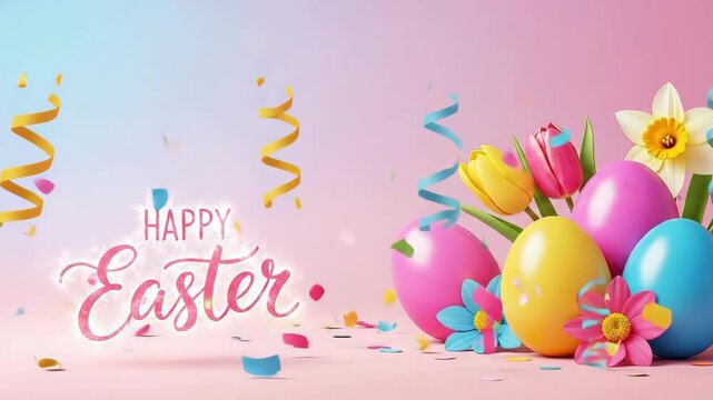 Happy Easter text with colorful eggs decorated with flowers and spring bloom on pink gradient backdrop for holiday greeting card