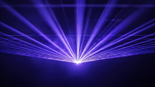 Vivid, converging purple light beams radiate from a central point against a dark backdrop