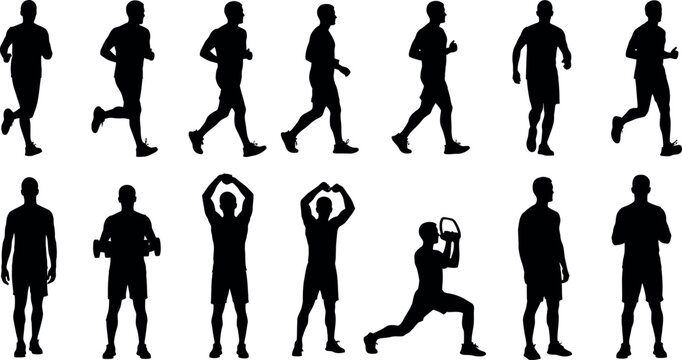 A collection of black silhouettes depicting various human poses and movements in a walking and exercising sequence