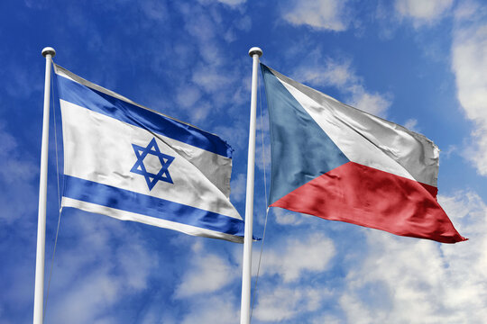 Israel and Czech Republic flags waving in a clear blue sky, symbolizing a powerful diplomacy, expanding global trade, a strategic partnership, and a shared vision of unity for a sustainable future.