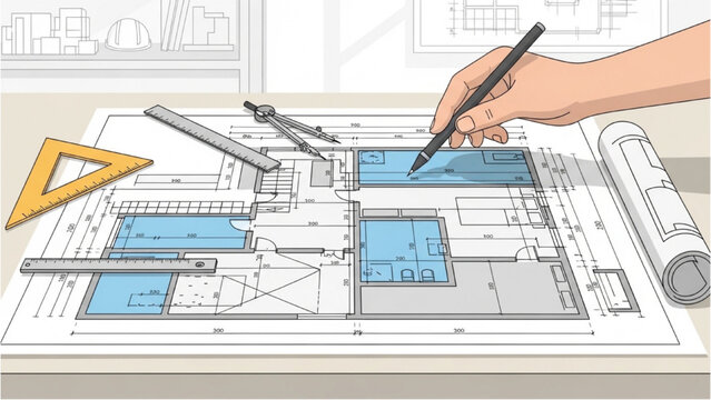 A hand draws a blueprint with a pencil on paper using tools.
