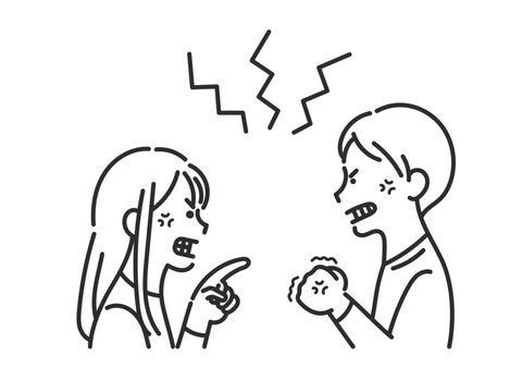 喧嘩をするカップルのイラスト　線画のみ