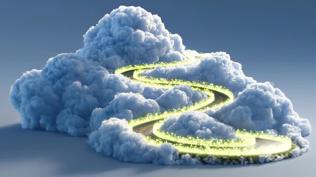 Winding infrastructure road carved through massive cloud formation symbolizing enterprise cloud business strategy navigation.