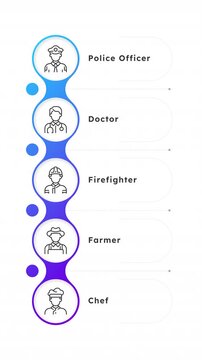 Career choose blue gradient timeline infographics animation. People of various professions. Working in different industries. Occupations. Outline icons diagram animated 5 steps circles. HD video