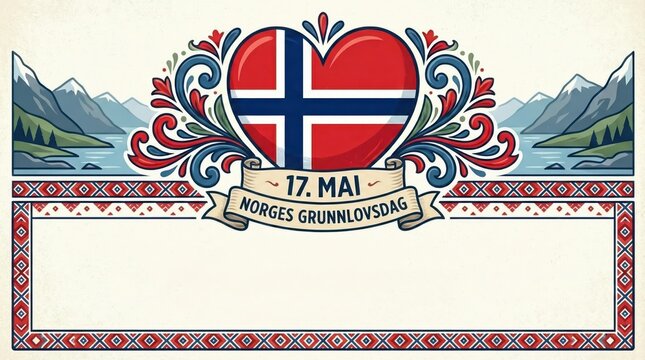 Decorative heart-shaped norwegian flag with folk ornament for 17. mai norges grunnlovsdag greeting card and poster design. Horizontal banner. Copy space. Flat illustration
