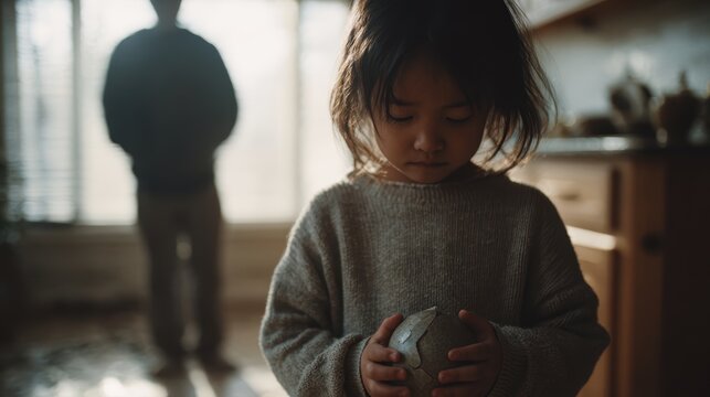childhood remorse, a child feels remorse for breaking an object under the disapproving shadow of an adult, tears welling in their eyes