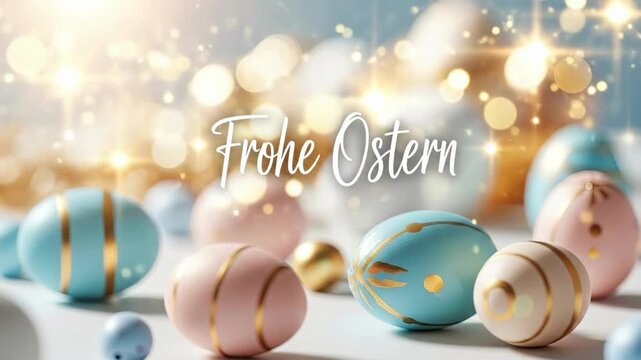 Frohe Ostern German phrase on colorful Easter eggs with golden details. Happy Spring holiday greeting for celebration, decoration, and web banner.