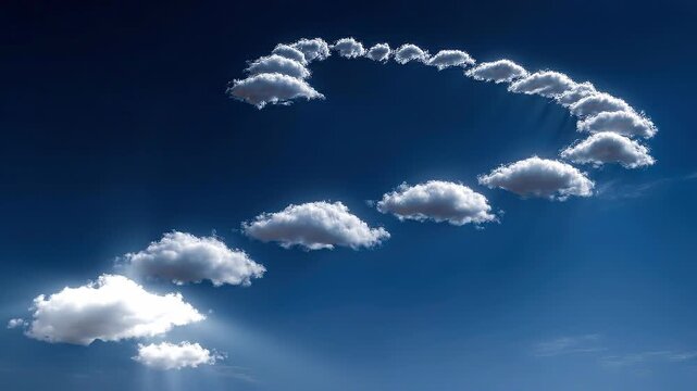 Arc of cloud milestones forming migration pathway across blue sky representing enterprise cloud migration strategy roadmap.