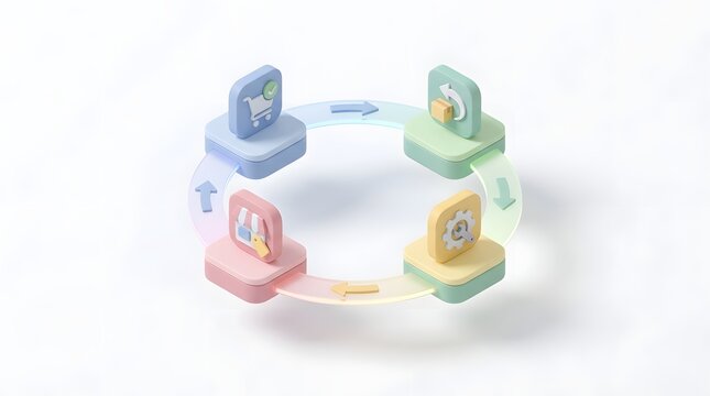 3D isometric diagram illustrating a sustainable circular economy product lifecycle featuring purchase, return, repair, and resale stages.