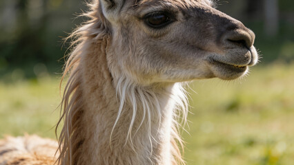 Fototapeta premium Close-up of a llama on a farm displaying natural behaviors in a sunny environment