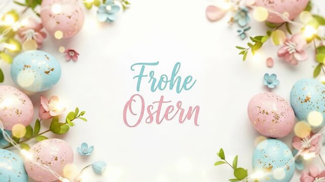 Colorful Easter eggs and spring flowers framing a Frohe Ostern greeting, spring holiday concept for banner