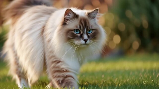 芝生の上をゆっくり横切る長毛猫 自然光の美しい癒し映像素材