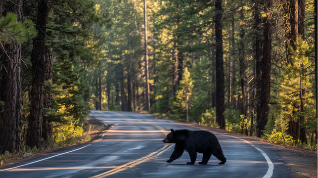 Black bear crossing an empty asphalt road in a pine forest, capturing a quiet wilderness moment and the contrast between nature and human paths.