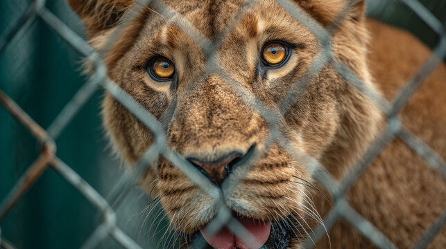Close up of a lioness behind a chain link fence with intense gaze, highlighting captivity, strength, and emotion in a confined enclosure.