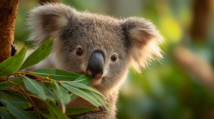 Fototapeta premium Cute koala eating eucalyptus leaves while perched on a tree branch in natural forest habitat, wildlife close up with soft light and peaceful atmosphere.