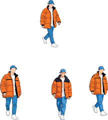Flat vector illustration set of male character wearing orange puffer jacket and blue cap for winter fashion and urban streetwear © MDRONI