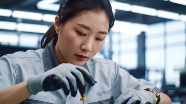 Skilled technician in clean uniform and gloves meticulously works on complex machinery in a pristine, well-lit workshop with professional lighting and bokeh, emphasizing precision and expertise.