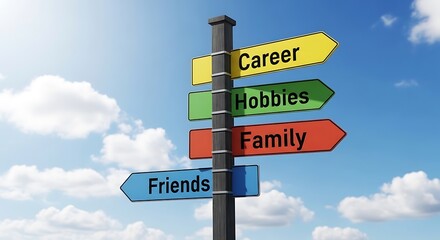 Fototapeta premium A signpost with multiple signs pointing in different directions towards life's priorities