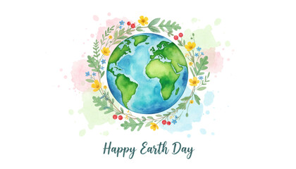 Naklejka premium Happy Earth Day Watercolor Globe with Floral Wreath Environmental Protection, Sustainability, and Nature Celebration
