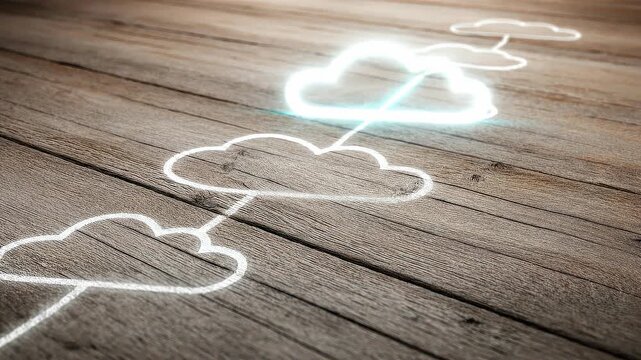 Connected cloud pathway carved into wooden surface illustrating enterprise cloud integration roadmap progression.