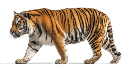 Obraz premium Full body Bengal tiger isolated on pure white background, detailed fur and stripes, powerful wild predator in clean studio style for cutout and design use.
