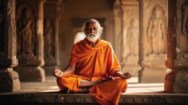 Elderly man meditating in traditional orange robe inside ancient temple with carved stone pillars
