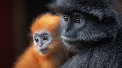 Obraz premium Gray leaf monkey mother holding bright orange baby, showcasing strong maternal bond in tropical forest wildlife scene, intimate primate behavior and natural tenderness.