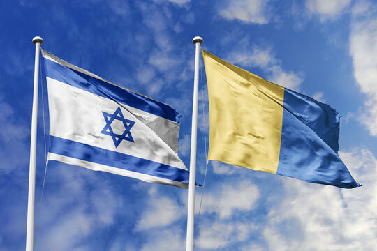 Israel and Lampedusa and Linosa flags waving in a clear blue sky, symbolizing a powerful diplomacy, expanding global trade, a strategic partnership, and a shared vision of unity for a sustainable futu