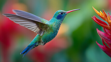 Fototapeta premium Iridescent hummingbird hovering mid air beside a vibrant red tropical flower, wings in motion, capturing delicate beauty, nature detail, and vivid color contrast.