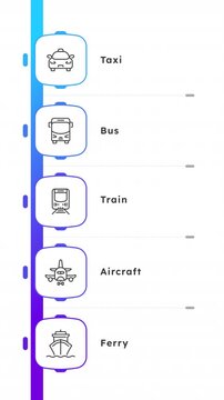Types of passenger transport blue gradient timeline infographics animation. Choosing comfortable way to travel. Public vehicles riding. Outline icons diagram animated 5 steps squares. HD video