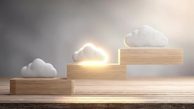 Layered wooden platform steps with cloud milestones illustrating enterprise cloud project roadmap progression.