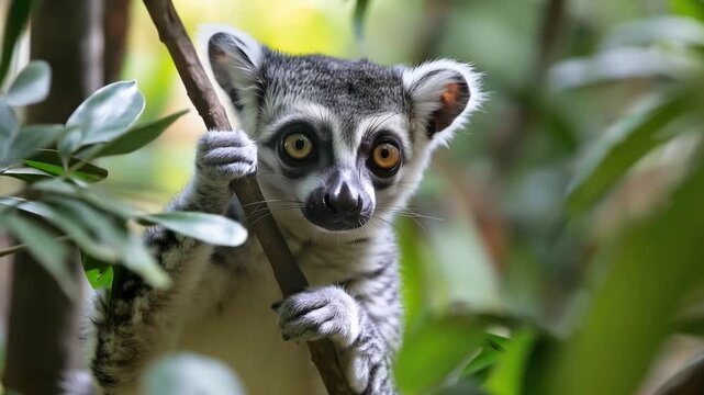Lemur in the Canopy: A curious lemur, with captivating eyes, peers out from within a lush canopy, showcasing the beauty of the natural world.