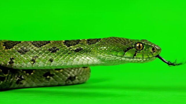A venomous snake slithering menacingly and flicking its tongue, isolated on green screen green screen, poison, nature