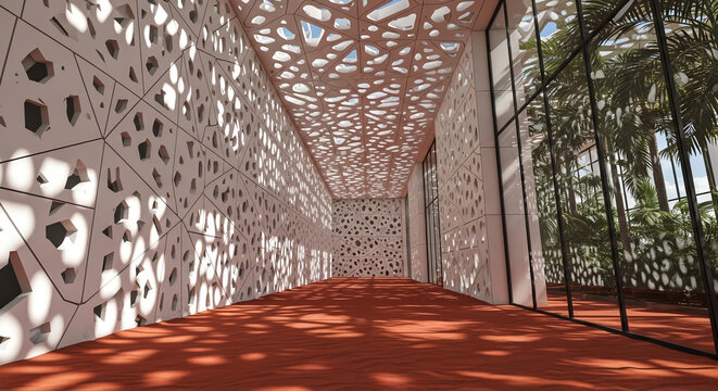 Futuristic parametric corridor with geometric perforated walls and ceiling creating complex light and shadow patterns on a red floor.