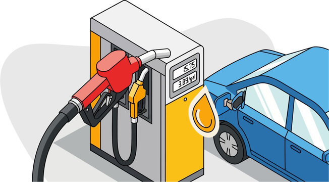 Isometric illustration of a blue car being refueled at a gas station with a red nozzle and a fuel pump.