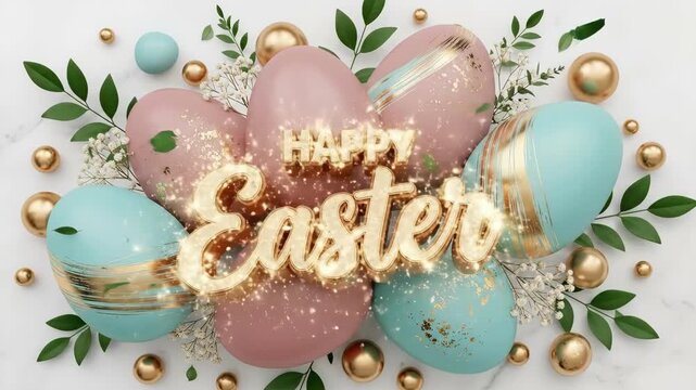 Happy Easter text with golden letters on pastel colored eggs background. Holiday celebration and spring season concept for greeting card.