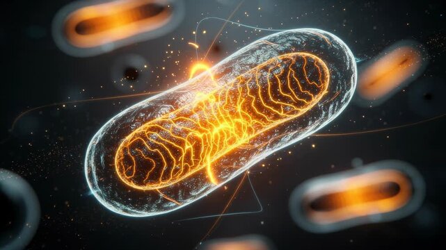 Close-up 3D illustration of glowing mitochondria cell structures inside a biological environment