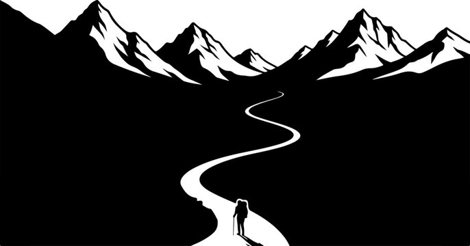 Vector silhouette of person walking towards mountains