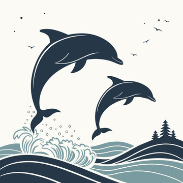 Two dolphins in silhouette leaping over dynamic ocean waves during a beautiful sunset, vector art
