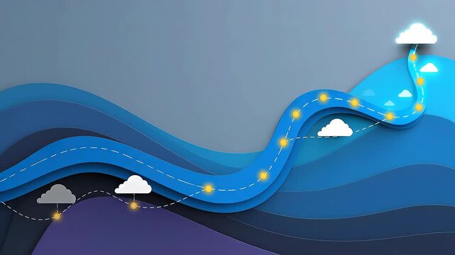 Curving migration pathway rising toward cloud platform illustrating phased enterprise cloud migration roadmap.