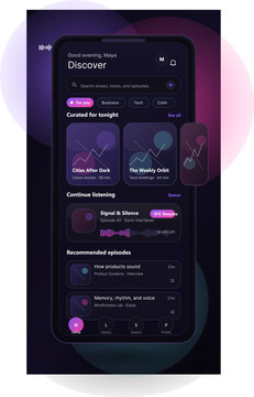 A modern smartphone app interface for a podcast player featuring a