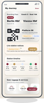 A mobile application interface displays a digital train boarding pass