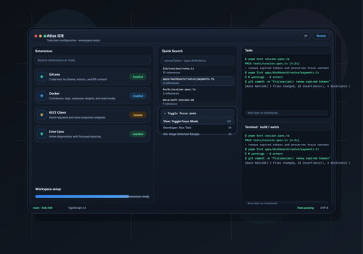 A dark-themed software developer interface showing integrated