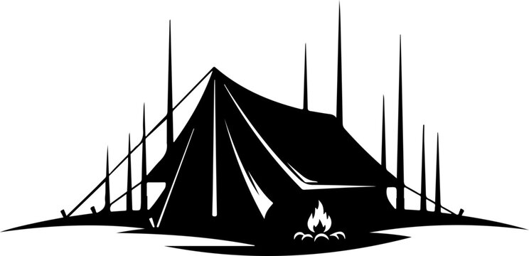 Vector illustration of a black tent with campfire