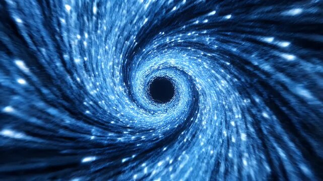 A swirling blue vortex, resembling a cosmic event. Glowing particles converge towards a dark center